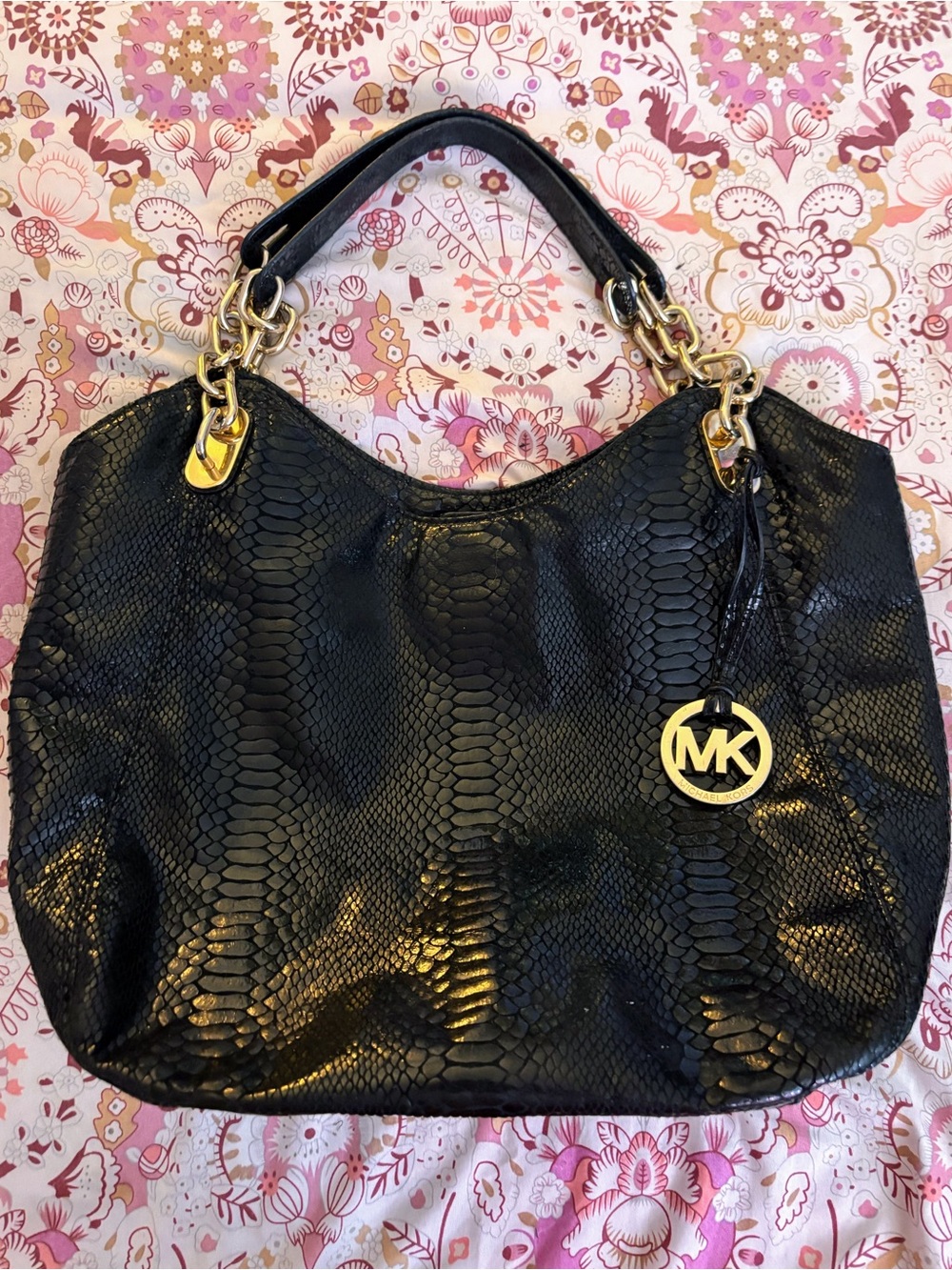 Michael Kors Black Snake-Embossed Shoulder Bag with Gold Hardware